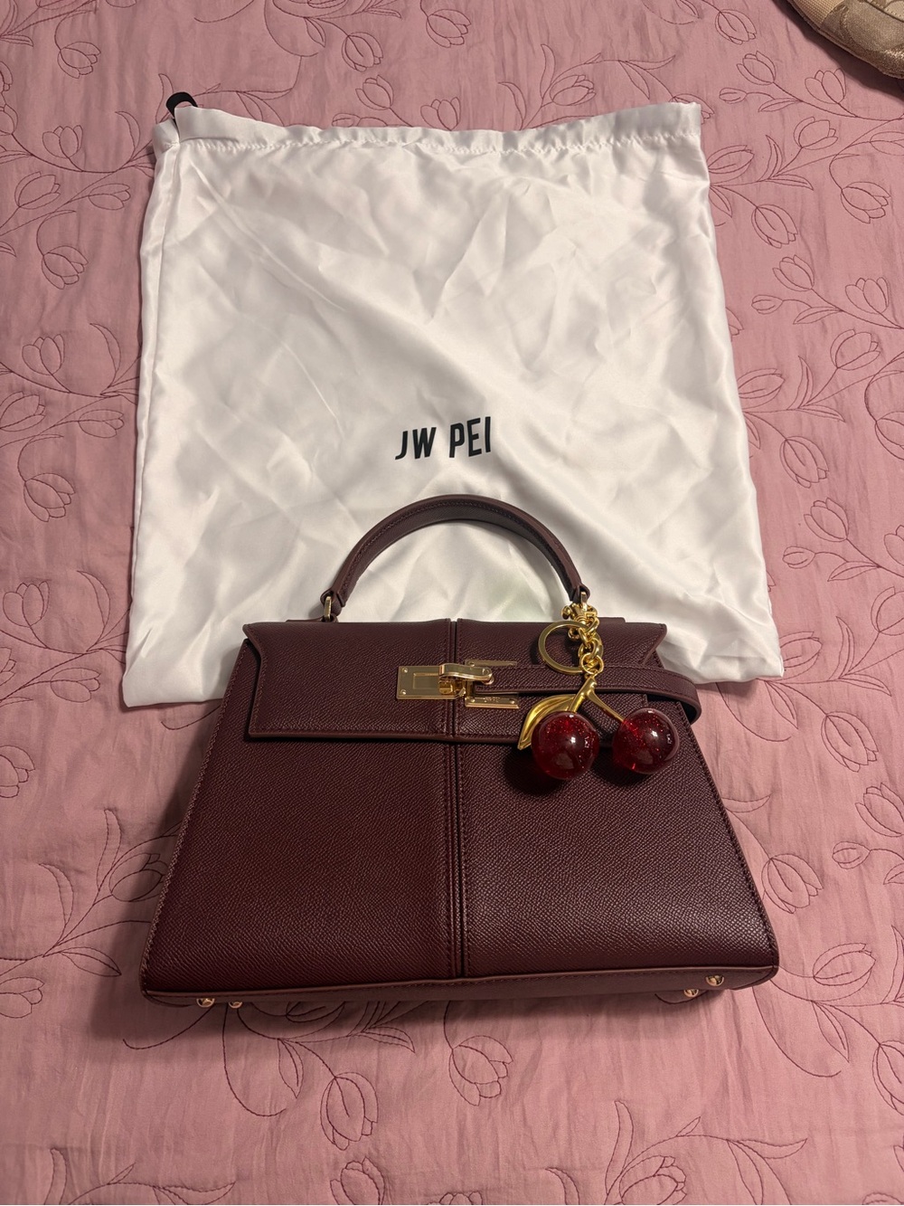 JW PEI Burgundy Structured Top-Handle Elise with Cherry Charm